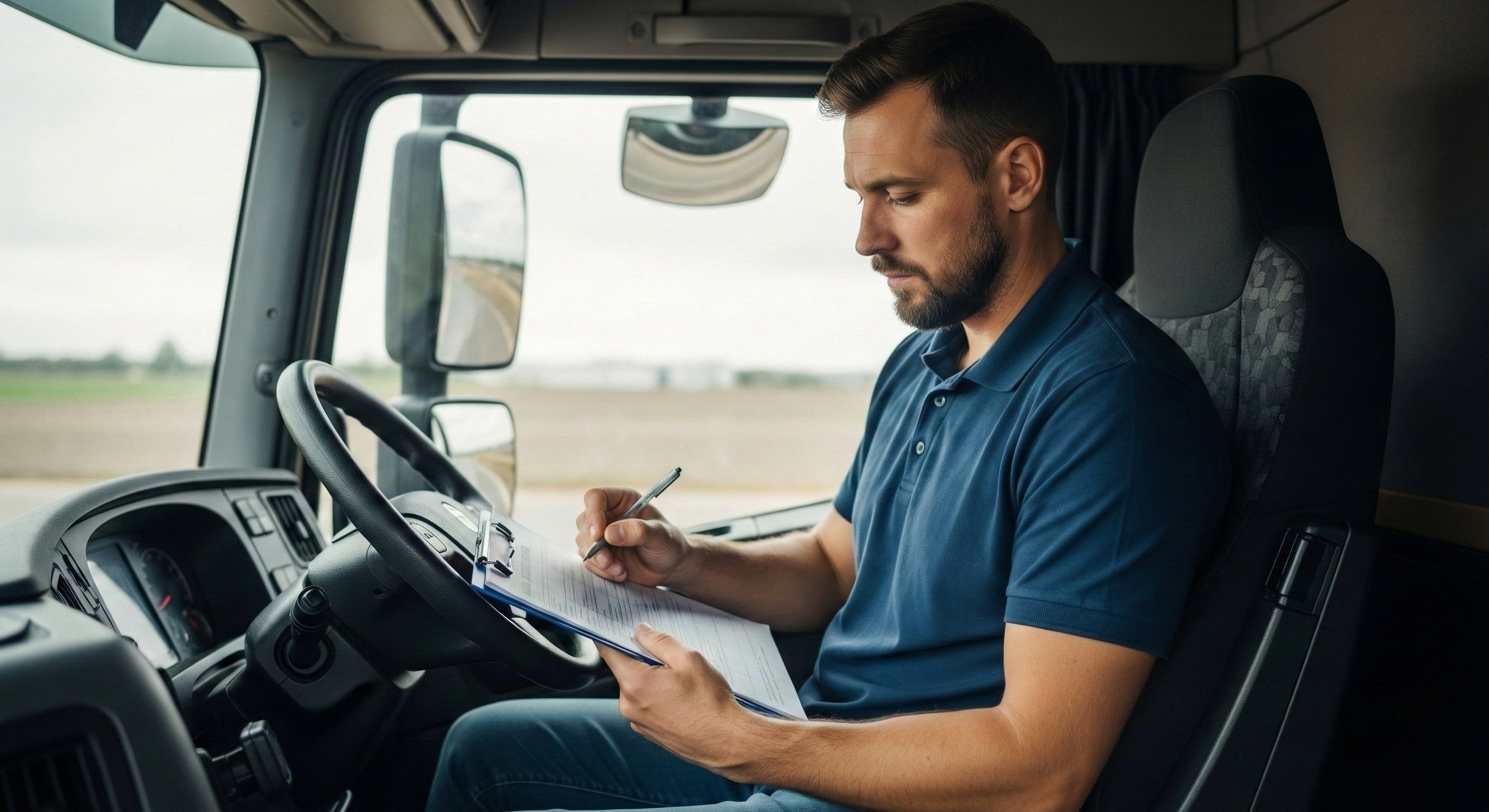 un camionero revisa su documentación obligatoria para poder circular