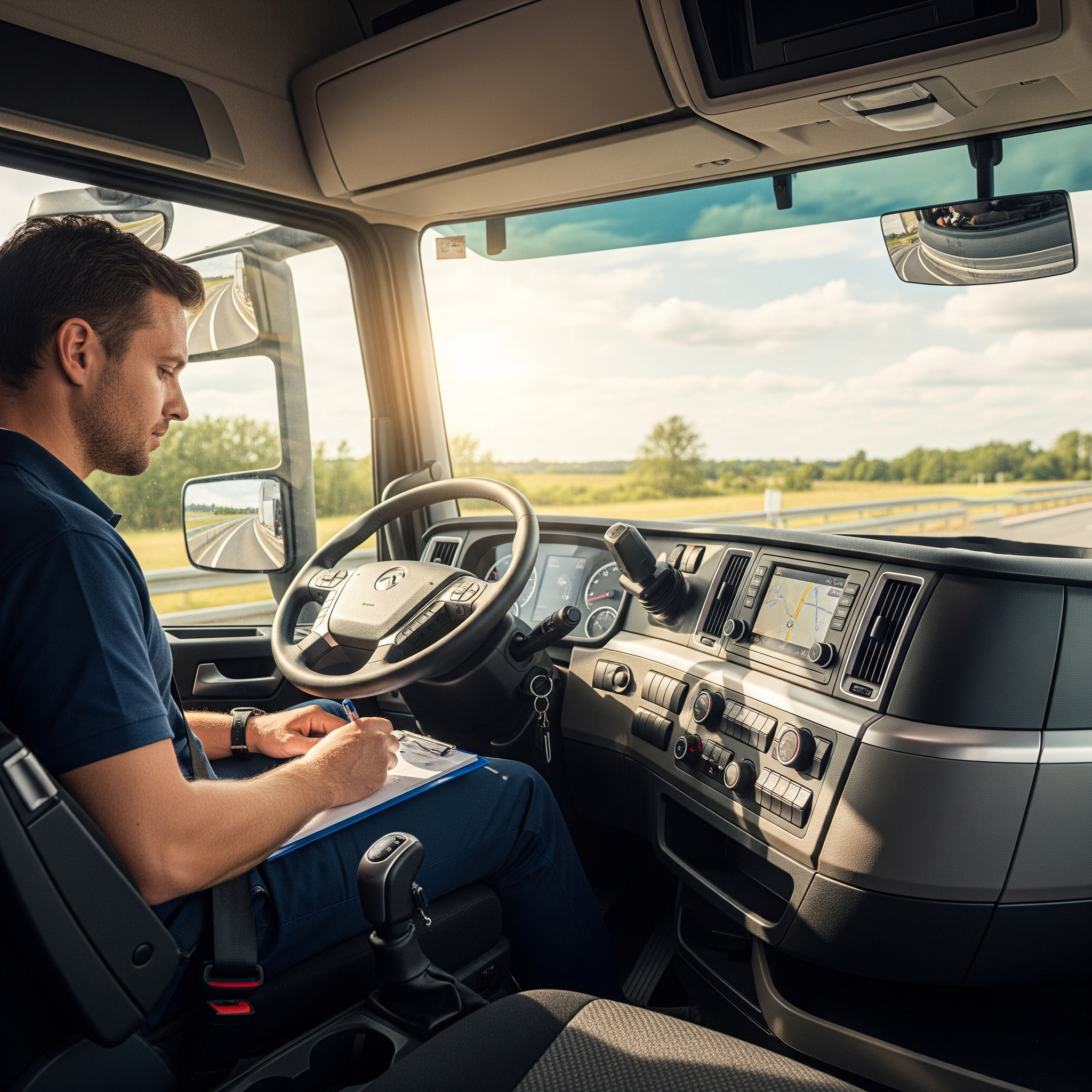 documentación obligatoria camión: un profesional del transporte, en la cabina del camión